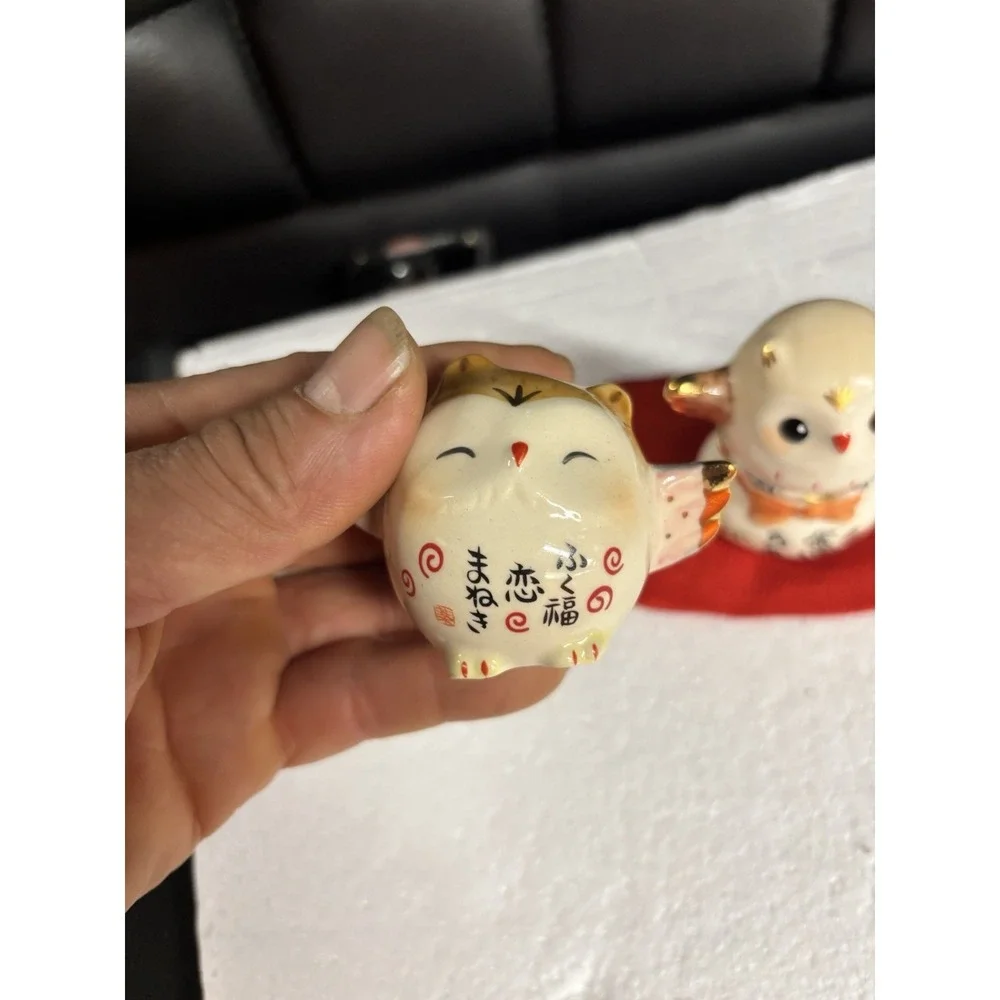 Vintage Yakushigama Japan Pottery Owls Set 5 Pcs Lucky Fukurou Fortune Decor⁠